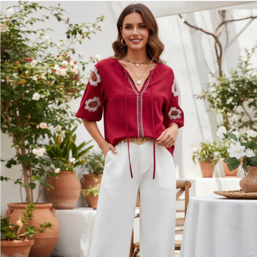 Picture of SHEIN EMERY ROSE Embroidered V-Neck Mid-Sleeved Top