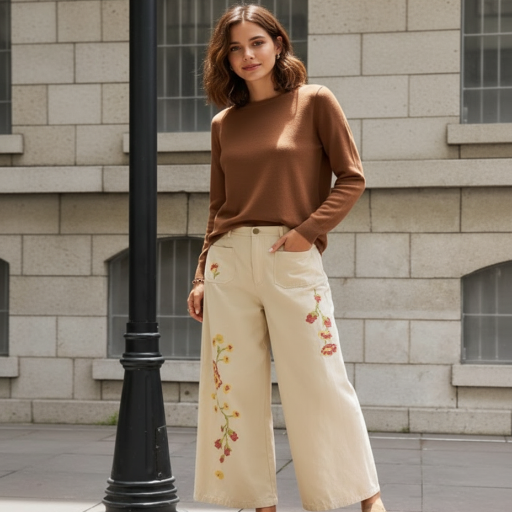 Picture of SHEIN Bohemela Floral Embroidered Wide Leg Pants