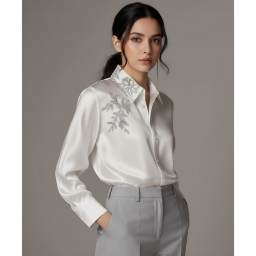 Picture of SHEIN Elegant Satin Blouse with Embroidered Collar