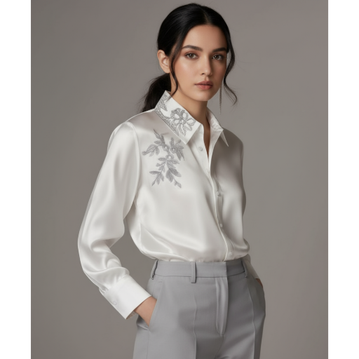 Picture of SHEIN Elegant Satin Blouse with Embroidered Collar
