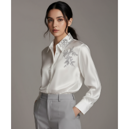 Picture of SHEIN Elegant Satin Blouse with Embroidered Collar